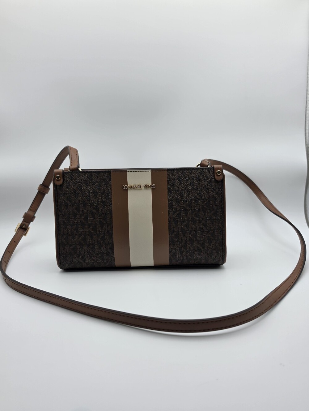 Michael Kors Brown and Cream Logo Crossbody with Tan Trim New Without Tags